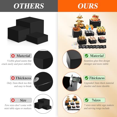 8Pcs Black Acrylic Buffet Risers with Mini Sign and Marker, Black Acrylic Risers for Party Catering Dessert Jewelry Collectibles with Hollow Bottoms Nesting Cube Box (9.5" 9" 8" 7.5" 6.8" 6" 5" 5")