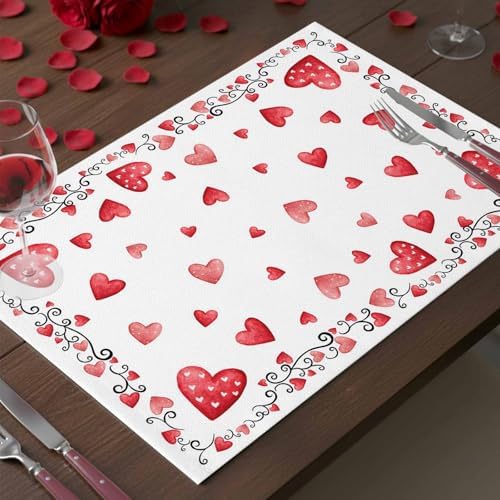 Valentine's Day Placemats Set of 4, Red Love Heart Place Mats Washable Dining Table Mats Wedding Anniversary Party Valentines Decor for Kitchen&Linens Outdoor Indoor, Romantic Pink White