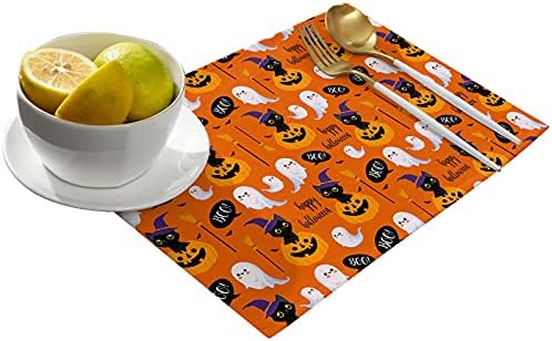 Vandarllin Happy Halloween Boo Placemats Set of 6, Cartoon Pumpkin Spooky Black Cats Ghosts Cotton Linen Stain Resistant Table Mats Washable Placemat Decoration for Kitchen Dining Table,Orange
