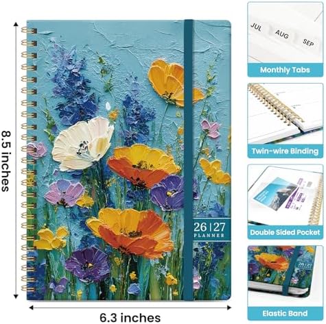 Planner 2026-2027, Jul 2026-Jun 2027 Academic Monthly & Weekly Planner | 6.3" x 8.5" Hardcover Calendar Planner for Women, Spiral Organizer with tabs, School Office Home Supplies, Azure Wildflowers