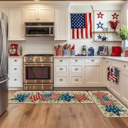 Artoid Mode American Flag Stars Eucalyptus Patriotic 4th of July Kitchen Mats Set of 2, Memorial Day Home Decor Kitchen Rugs for Floor - 17x29 and 17x47 Inch