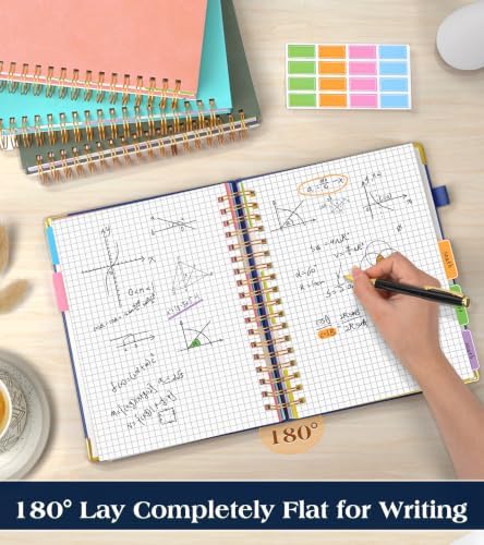 5 Subject Graph Paper Notebook with Removable Dividers Tabs, 300 Pages Hardcover Leather Grid Spiral Journal, 8"x10" B5 Large Graphing Notebooks for Women Men Work School College Engineering, Navy