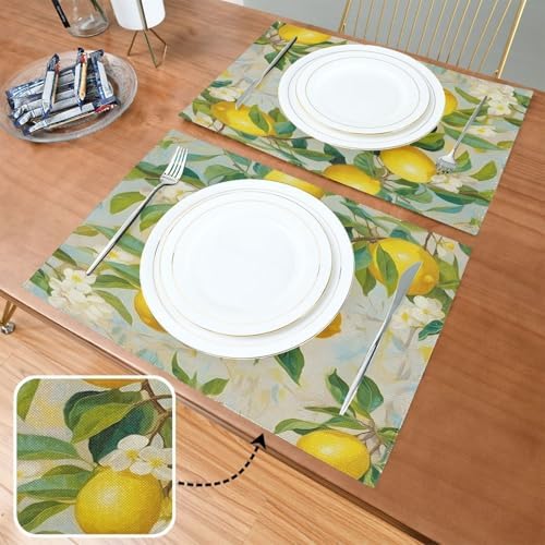ALAZA Lemon Print Flower Set of 4 Placemats Rectangle Table Mat for Dining Table Restaurant Kitchen Home Decor, 12" x 18"