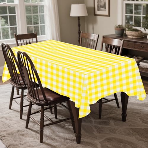 CXPSINC 54 Inch X 100 Feet Plastic Table Cover Roll Disposable Tablecloth with Slide Cutter for All Type/Shape Tables | Party, Banquet, Birthdays, Weddings(Yellow Checkered, 100 Feet)