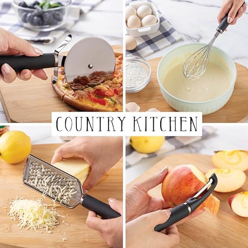 Country Kitchen 6 Pc Essentials Kitchen Stainless Steel Gadget Set Black Gun Metal with Soft Touch Black Handles for Cooking