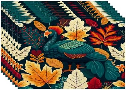 Batmerry Turquoise Thanksgiving Turkey Linen Placemats Set of 8, Autumn Berries Leaves Washable Table Mats for Kitchen Table Thickened Heat Insulation Dining Set Indoor Outdoor 12X18 in