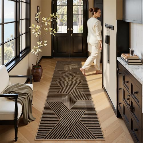Lahome Modern Black and Brown Runner Rug, 2x8 Entryway Runner Rug Non Slip