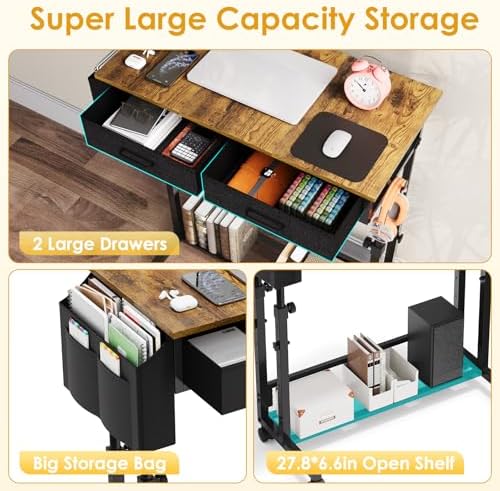 Small Rolling Standing Desk, Height Adjustable Mobile Sturdy Desk with 2 Fabric Drawers & Storage Shelf, Portable Sofa Side Laptop Table for Home Office, Small Spaces, 31.41"" x 15.74"", Rustic Brown