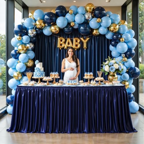 Wish Care 6ft Navy Blue Satin Table Skirt for Rectangle Tables Wrinkle Free Teacher Desk Skirt Glitter Ruffle Table Skirting Cloth for Back to School Classroom Office Dorm Birthday Party Table Decor