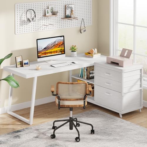 Tribesigns L-Shaped Computer Desk with 3 Drawers, Reversible Corner Home Office Desk with Shelves, 53-Inch Industrial PC Desk Study Writing Table Workstation for Small Space, White