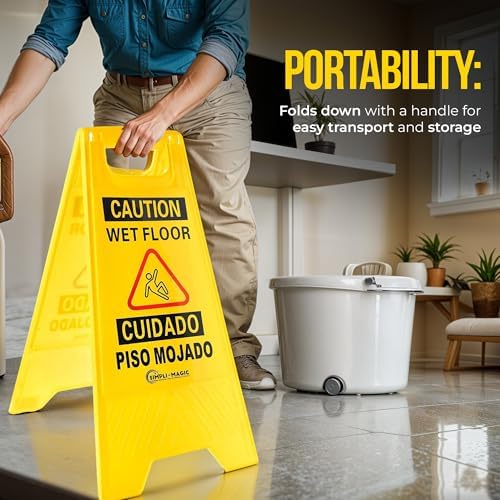 Simpli-Magic 24" Height Wet Floor Caution Signs, 6 Pack – Double-Sided, Bilingual & Foldable Safety Warning Sign – Commercial Grade, Yellow, Plastic