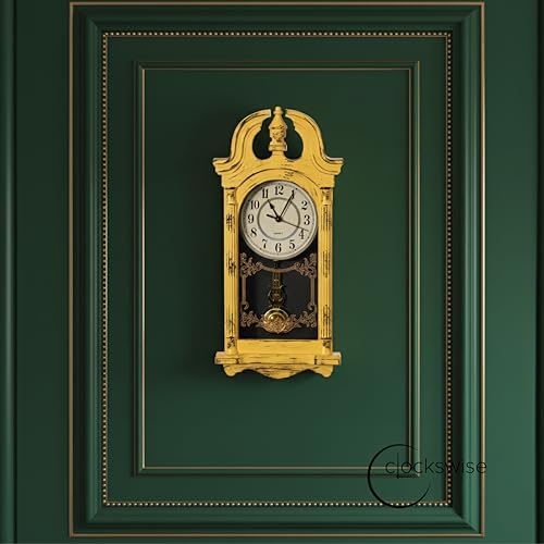 Clockswise 20" Plastic Grandfather Clock in Distressed Finish with Swinging Pendulum & Chiming Sound Battery-Operated Decorative Wall Accent for Home Office Living Room Kitchen Hallway, Yellow