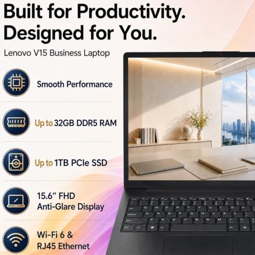 Lenovo V15 Ultra Slim Business & Student Laptop, 15.6" FHD IPS Display, Powerful Intel Quad-Core Processor, 16GB DDR5 RAM, 256GB PCIe SSD, Wi-Fi 6, Ethernet(RJ45), HDMI, Windows 11 Pro, Copilot AI PC