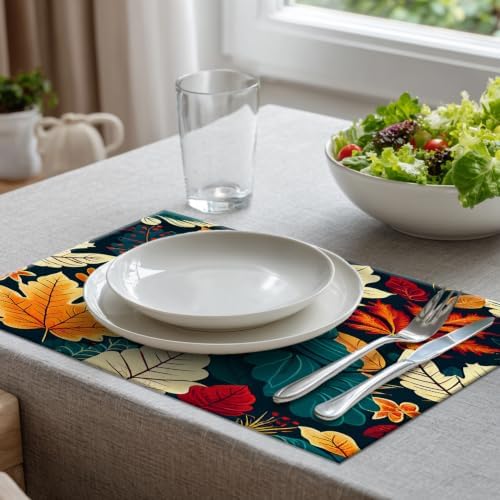 Batmerry Turquoise Thanksgiving Turkey Linen Placemats Set of 8, Autumn Berries Leaves Washable Table Mats for Kitchen Table Thickened Heat Insulation Dining Set Indoor Outdoor 12X18 in