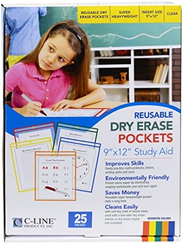 C-Line Reusable Dry Erase Pockets, 9 x 12 Inches, Assorted Primary Colors, 25 Pockets per Pack (40620)