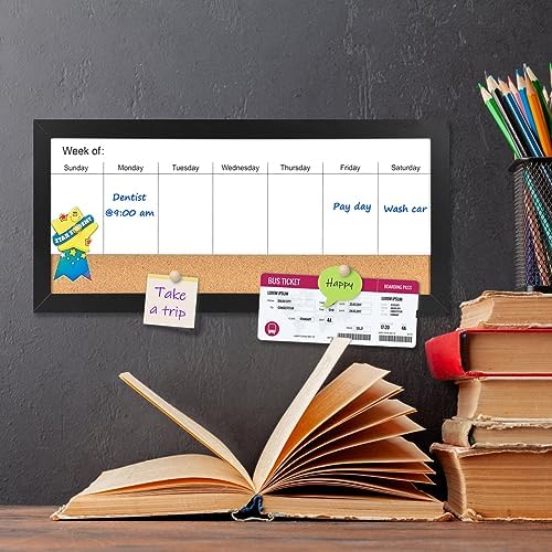 Magnetic Weekly Whiteboard and Cork Board, Black Wood Frame, 16" x 8"