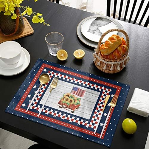 Fourth of July USA American Flag Farm Trucks Placemats Set of 4, Blue Red White Stripes Stars Rustic Wooden Buffalo Check Heat Resistant Washable Table Mats Decoration for Kitchen Dining Outdoor
