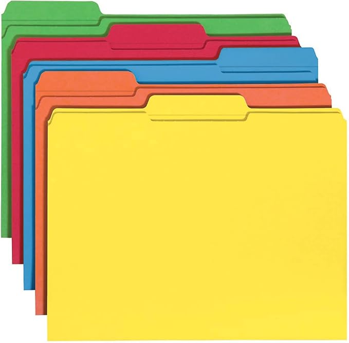 Smead File Folder, Reinforced 1/3-Cut Tab, Letter Size, Assorted Colors, 100 per Box (11993) | Premium colored stock, two-ply reinforced tabs in 3 positions, color-coded home and office drawer filing, SFI certified