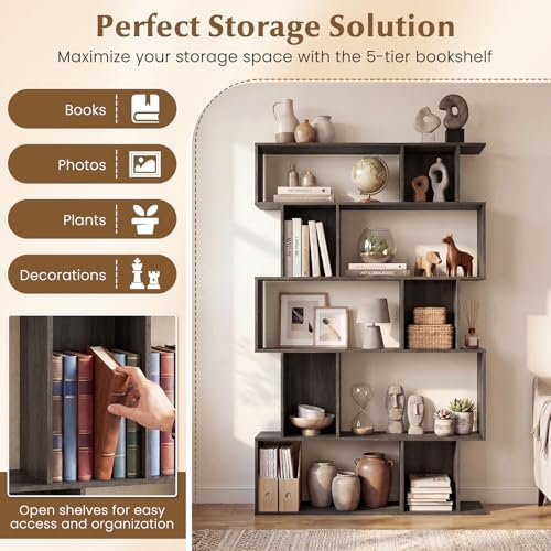 Giantex 5-Tier Bookshelf, 10-Cube Geometric Book Case with 5 Closed-Back Cubbies, Anti-toppling Kits, Open Display Storage Shelf for Living Room, Home Office, Bedroom, Gray