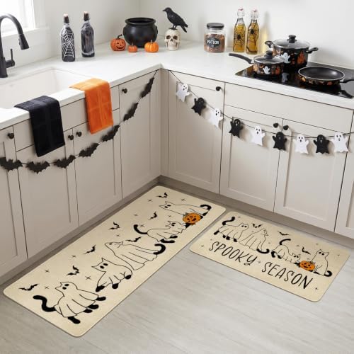 Ghost Black Cat Halloween Kitchen Rugs and Mats Set of 2, (17"x47"+17"x30") Gothic Cute Spooky Season Pumpkin Trick Or Treat Non Skid Washable Runner Rugs for Home Decor Decorations and Accessories