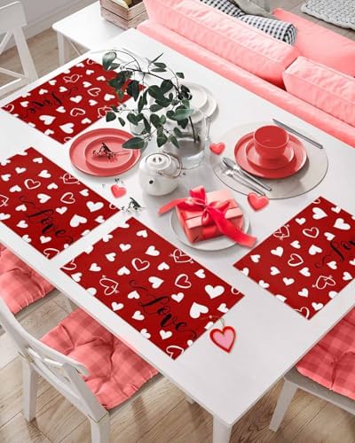 Red Valentine's Day Placemats Set of 4, Valentines Love Heart Heat Resistant Washable Table Place Mats Cotton Table Linens Party Holiday Decorations for Home Kitchen Dining Table Outdoor Indoor,