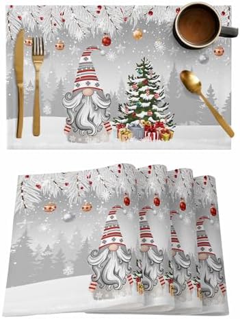 Christmas Gnome Placemats Set of 4, Winter Merry Christmas Tree Balls Heat Resistant Washable Table Place Mats Grey Cotton Table Linens Party Holiday Decor for Kitchen Dining Outdoor Indoor