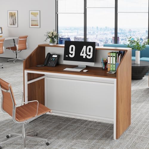 Tribesigns Reception Desk with Counter, Modern Front Desk Reception Room Table with Cable Grommet, 47 inch Retail Counter for Checkout, Lobby, Beauty Salon, Home Office Desk, Walnut