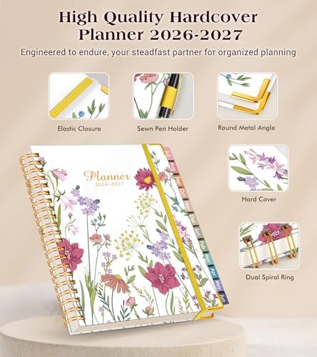 Academic Planner 2026-2027, Hardcover Weekly and Monthly Calendar Planner from July 2026 - June 2027, 6.1" x 8.2" A5 Daily Agenda with Tabs, College School Organizer for Student Teacher, Ivory Wild Flowers