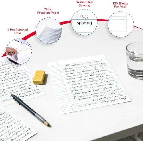 Kaisa Notebook Paper USA-Made Loose Leaf Paper, 24 Pack 3600 Sheets 8"x10.5" Wide Ruled - 3-Hole Punched Bulk Filler Paper for 3-Ring Binder, 150 Sheets/Pack, Wholesale Available(24Pack-Wide)