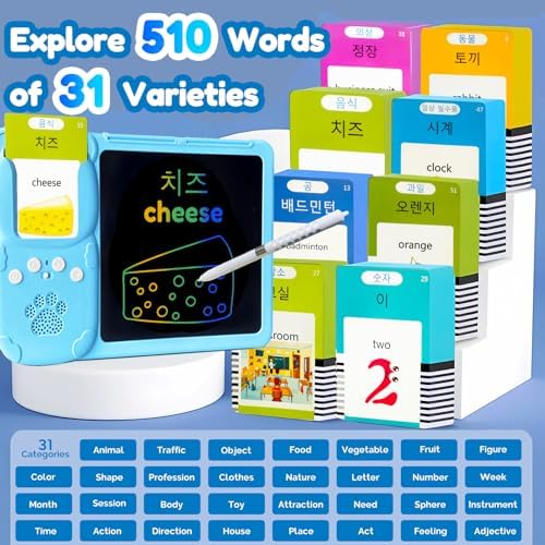 Writing Tablet with Bilingual Flash Cards for Kids, Korean, Blue