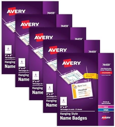 Avery Customizable Name Badges, Includes Cords, 3" x 4", Laser/Inkjet Printable Inserts, 100 Name Tag Holders per Pack, 500 Total (5 Packs of 74459)