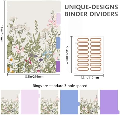 3 Ring Binder 2 Inch, Cute Round Ring Binders with 6 Tab Dividers & Label Stickers, Low Profile Clipboard with Storage, Fashion Aesthetic Binder School Office Supplies (Garden Flowers)