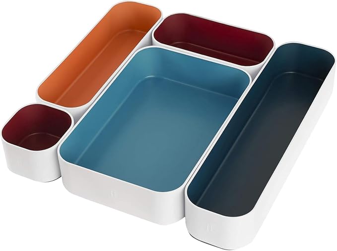 Three by Three Seattle Metal Drawer Organizer Tray Set, 5-Pc, 2" (Blue) | Deep 2" food-safe metal bins; soft non-scratch base; perfect for kitchen utensils, tools & bulkier drawer items