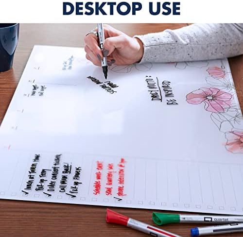 Quartet Glass Desktop Weekly Planner, 17" x 22", Whiteboard, Dry Erase Surface, Clean Erase, Includes 1 Dry Erase Marker, Floral (GDP2217F)
