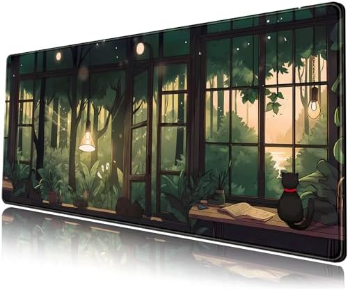 Cute Lofi Desk Mat Green Plants Mouse Pad Large Black Cat Aesthetic Desk Pad Kawaii Anime Extended Gaming Mousepad XL Laptop Keyboard Mouse Mat Deskmat 31.5"x11.8" Cute Office Decor