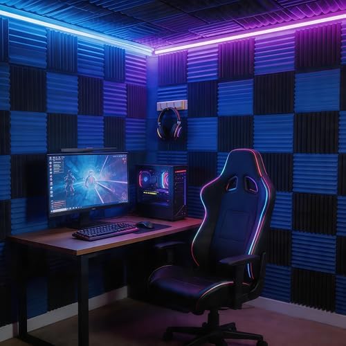 96 Pack Blue/black Absorb the echo Acoustic Foam Panel Wedge Studio Soundproofing Wall Tiles 12" X 12" X 1"(Accompanied By Double-Sided Adhesive Tape)