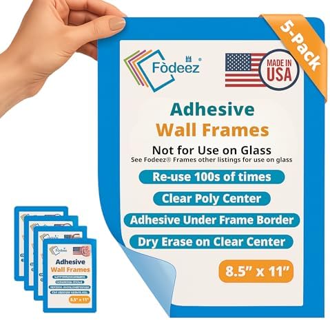 8.5 x 11 Adhesive Wall Frames - Peel & Stick Picture Frames, Wall Sign Holder, Paper Protector Sheets, Certificate Holders, Reusable Picture Frame, Dry Erase, Non Magnetic - Blue, Pack of 5