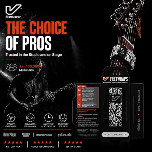 Gruv Gear Fret Wrap & Guitar Mute, Fretwrap for Acoustic, Electric & Bass | String Dampener Recording, Tapping & Practice Accessory (1 Pack, Extra Large Bandana Black, Fits 7-12 String Bass, Extended