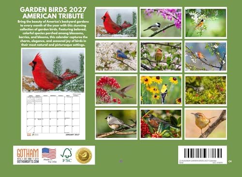 JJ Audubon Tribute Garden Birds Calendar 2027 Bird Monthly Wall Calender 12 Month | American Made In The USA