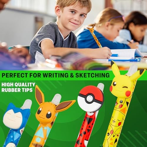 Pokemon Erasable Pens Set with 0.6mm Tip for Kids, Retractable Ballpoint Pens with 3D Toppers for School Drawing Writing Pikachu Anime Gifts for Kids (Multi Pikachu & Eevee)
