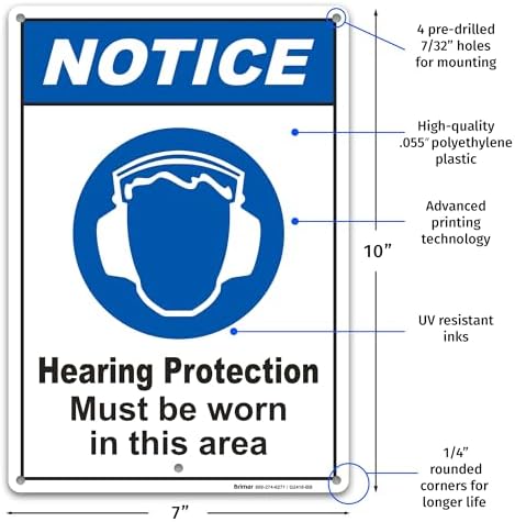 Brimar - 7" x 10" - Hearing Protection Must Be Worn Sign - .055″ Polyethylene Plastic - Bold Text - Easy Installation