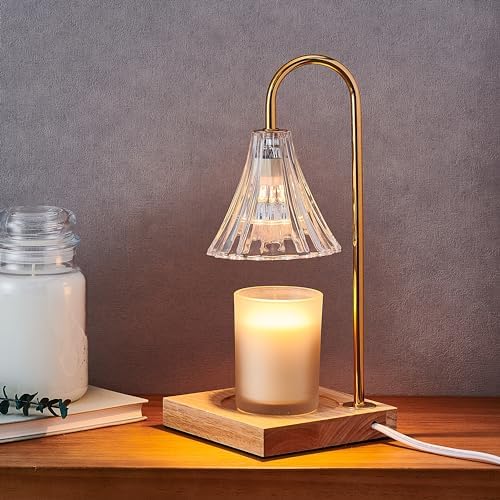 Mikasa 13.8 Inch Electric Candle Warmer with Clear Glass Shade and Dimmer - Flameless Wax Melter Lamp with Halogen Bulb, Wooden Base, Gold Accents for Home Decor and Fragrance