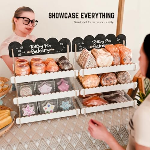 HOTCAN Wooden Cookie Display Stand with Chalkboard Sign for Bakers, Vendors, Craft Fairs | Pastry Display for Market Booths & Events | 3 Tiered Cookie Display for Muffins, Cakes, and Pastries (White)