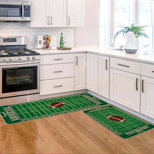 Artoid Mode Touch Down American Football Court Kitchen Mats Set of 2, Rugby Boy Home Decor Low-Profile Kitchen Rugs for Floor - 17x29 and 17x47 Inch