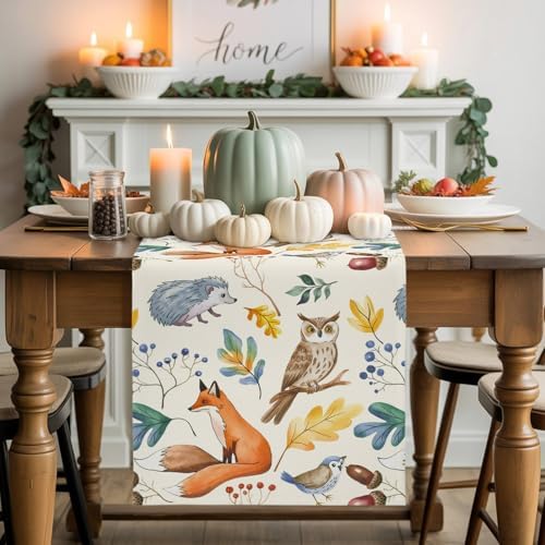 Fall Table Runner Autumn Animal Table Runners Harvest Thanksgiving Owl Bird Fox Leaves Cotton Linen Dresser Scarf Kitchen Dining Table Decor for Autumn Holiday Party Coffee 13x90 Inch