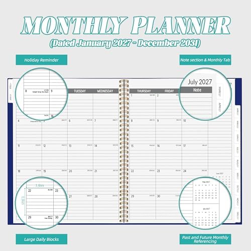 2027-2031 Monthly Planner, 5 Year Monthly Planner/Calendar 2027-2031, 60-Month Jan 2027 – Dec 2031, 9" x 11", Tabs, Double-Side Pocket, Holidays, Thick Paper - Navy Blue