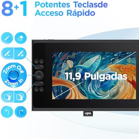 Graphics Tablet with Screen UGEE UE12 Plus 11.9 Inch, Pen Display with Full-Laminated Screen 147% RGB Colour Gamut, Drawing Monitor with Scroll Wheel and 8 Shortcut Keys for Windows/Mac/Android