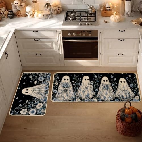 Baccessor Halloween Ghost Kitchen Rugs Set of 2,Spooky Blue and White Pumpkin Black Mat Rug Indoor Outdoor Low-Profile Non Slip Absorbent Floor Mats for Home Party Holiday Decor 17x29 and 17x47 Inch