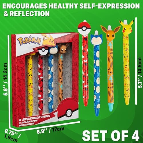 Pokemon Erasable Pens Set with 0.6mm Tip for Kids, Retractable Ballpoint Pens with 3D Toppers for School Drawing Writing Pikachu Anime Gifts for Kids (Multi Pikachu & Eevee)