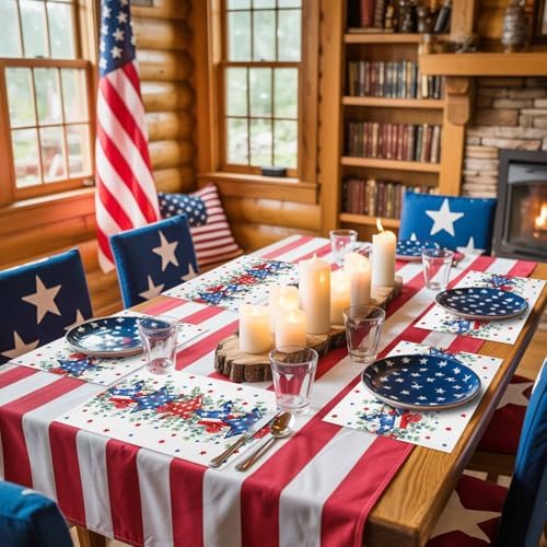 4th of July Placemats Set of 6, Patriotic Memorial Day Heat Resistant Washable Dining Table Mats Holiday Farmhouse Decor for Kitchen&Table Linens Outdoor Indoor,American Stars Summer Poppy Eucalyptus
